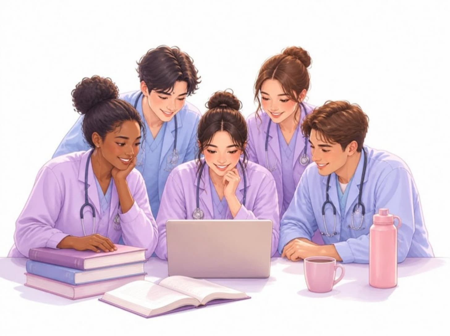 Un groupe d'étudiants en santé qui révisent ensemble autour d'un ordinateur